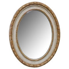 Antique A English George III Style Ivory Painted & Parcel Gilt Carved Wood Oval Mirror