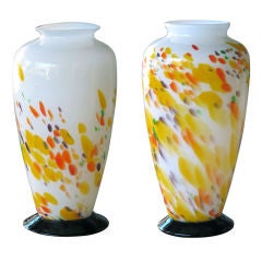 A Whimsical Pair of French 1970
s Hand-Blown Cased Glass Vases with Abstract Decoration