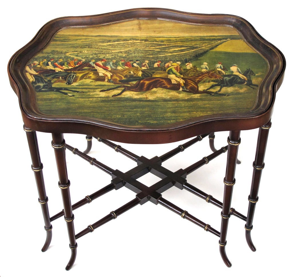 Large-Scaled English Victorian Wooden Tray-on-Stand w/Horse Racing Scene