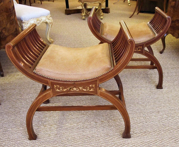 A Handsome Pair of English Edwardian Curule-Form Window Benches