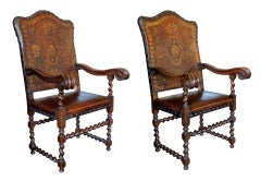 Pr. Baronial Spanish Baroque Style Armchairs w/Embossed Leather