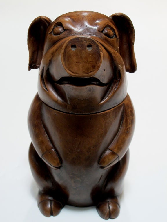 A Charming English Carved Treenware Pig-Form Tobacco Jar