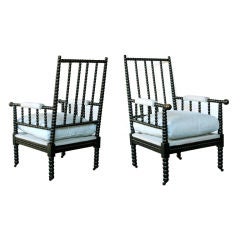 A Handsome Pair of English Victorian Ebonized Bobbin Turned Chairs