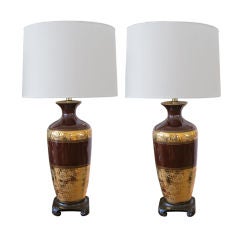 Pair of American Chocolate-Brown Ceramic Lamps with Gilt Decoration