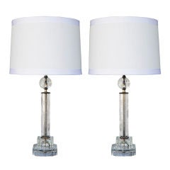 A Shimmering Pair of American Etched Glass Columnar -Form Lamps