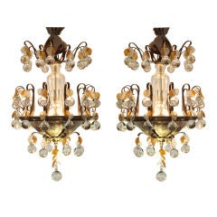 A Stylish Pair of Continental Art Deco 3-Light Brass Chandeliers