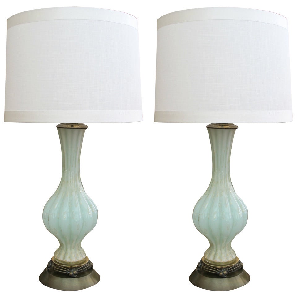 A Subtle Pair of Murano Mid-Century Ribbed Aqua Glass Lamps with Gold Inclusions and Controlled Bubbles
