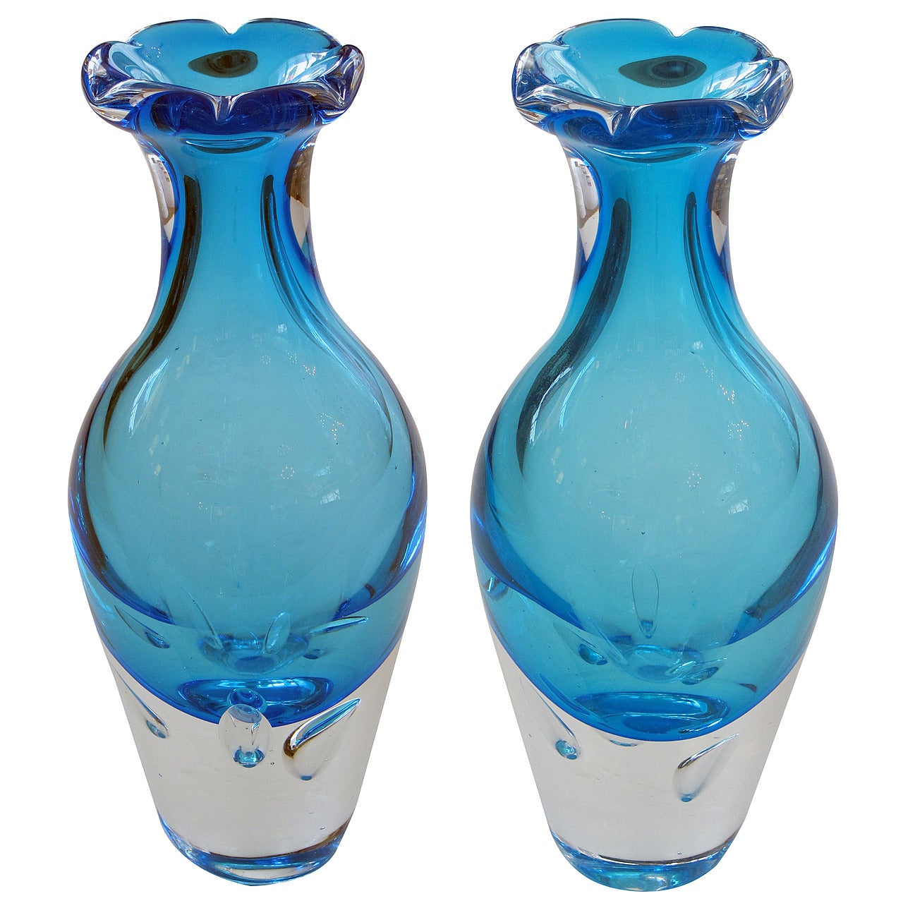 Thickly-Modeled Pair of Scandinavian Sky-Blue Art Glass Vases with Clear Bases