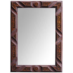 Charming French Art Populaire Rectangular Mirror with Chip-Carved Frame