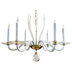Stylish Murano 1960s Clear Glass and Brass Six-Light Chandelier