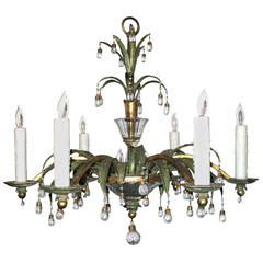 French Painted and Parcel-Gilt Tole and Crystal Chandelier by Maison Bagues