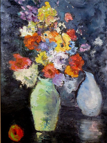 An Impressionist still life of flowers with fruit; probably American; unsigned but with frame plaque 'Kashinski'; oil on canvas; depicting a lush, vibrantly colored bouquet of flowers resting on a table next to a piece of fruit all in a thickly