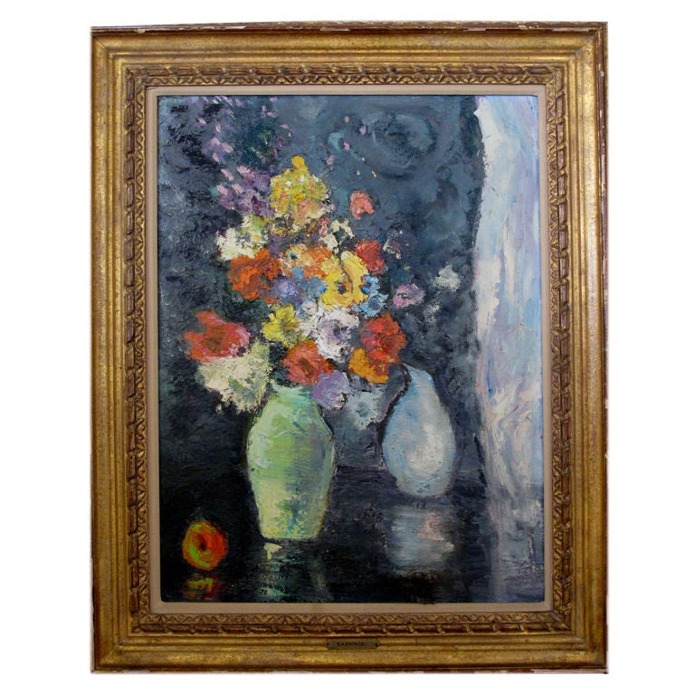 Impressionist Still Life of Flowers with Fruit, Probably American