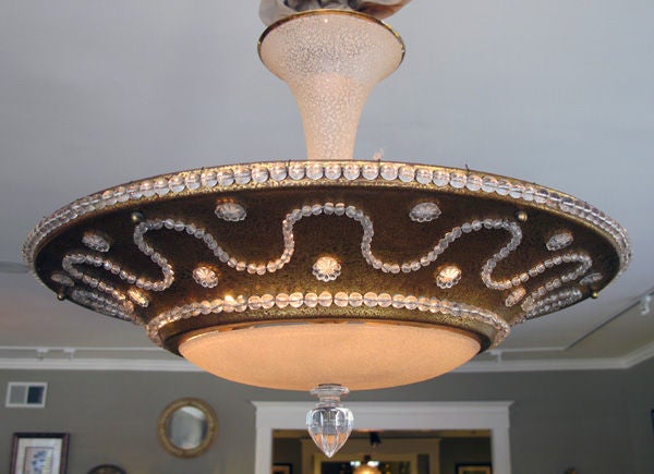 Mid-20th Century A Chic French Mid-Century Gilt-Tole and Beaded Ceiling Light