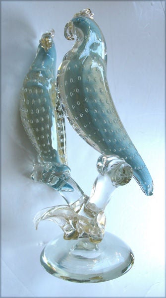 Italian A Shimmering Murano Clear & Aqua Art Glass Figure of Cockatoos