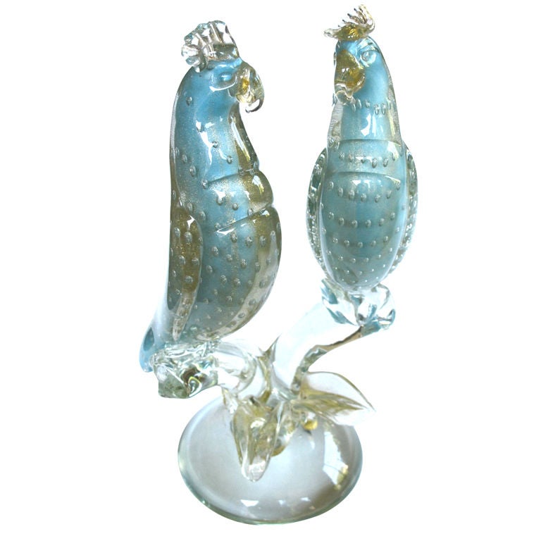 A Shimmering Murano Clear & Aqua Art Glass Figure of Cockatoos