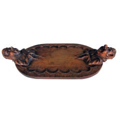 A French Folk Art Carved Oak Oval Tray w/Two Monk Caricatures