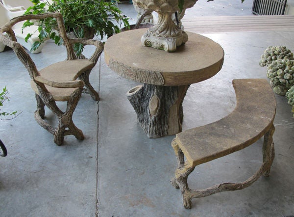 Three-Piece French Faux Bois Concrete Garden Set with Table, Bench and Seat In Good Condition In San Francisco, CA