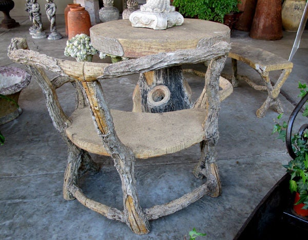 Mid-20th Century Three-Piece French Faux Bois Concrete Garden Set with Table, Bench and Seat