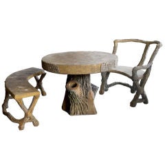 Retro Three-Piece French Faux Bois Concrete Garden Set with Table, Bench and Seat