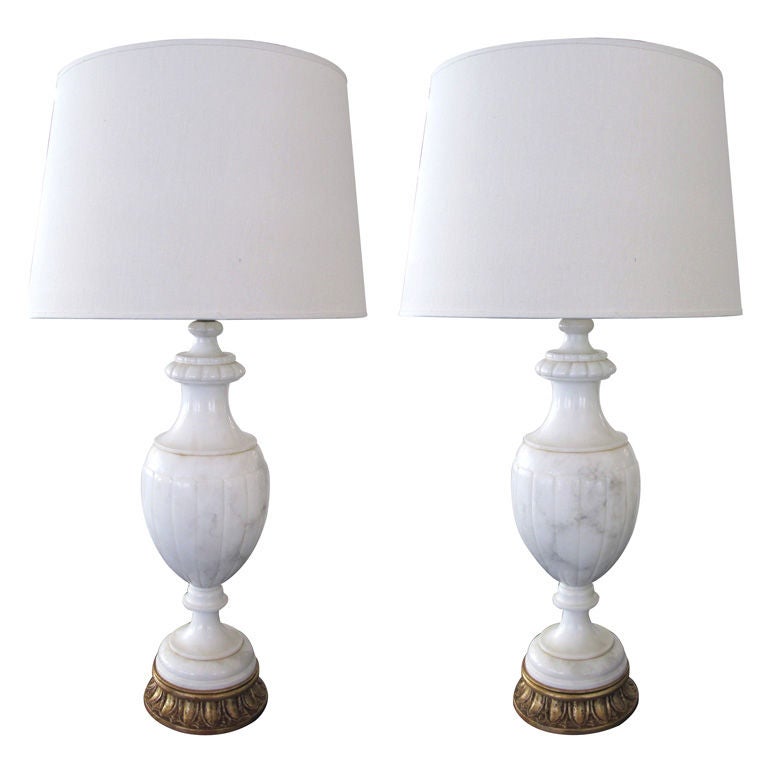 A Pair of Italian Urn-Form Carrera Marble Lamps; for Marbro Lamp Co. For Sale