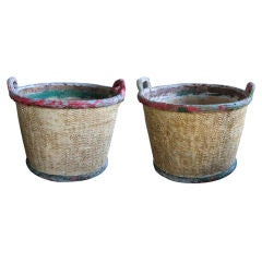 Pair of French Faux Basketweave Cylindrical Concrete Jardinieres