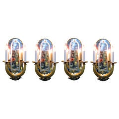 A Chic Set of French Art Deco Gilt-Iron 2-Arm Wall Lights with Etched Mirror Backplates