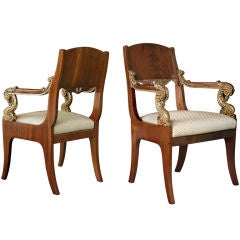 Regal Pair of Russian Second Empire Mahogany&Parcel Gilt Chairs