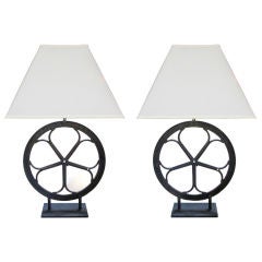 An Over-Scaled Pair of American Iron Coffee Grinder Wheel Lamps