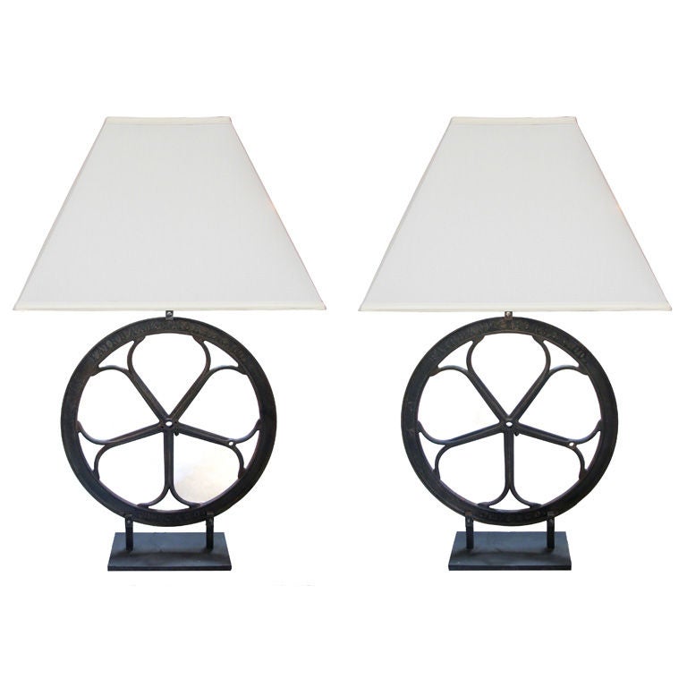 An Over-Scaled Pair of American Iron Coffee Grinder Wheel Lamps