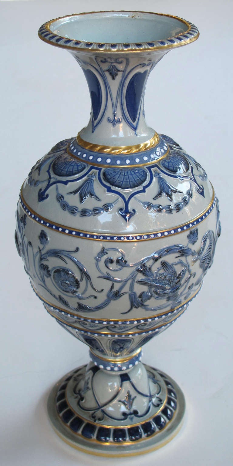 A Shapely English Blue Polychromed Porcelain Urn with Relief Decoration by Spode