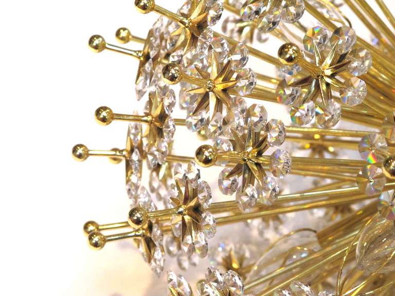 Mid-20th Century Exceptional Pair of Austrian Gilt-Brass Orb-Form Chandeliers with Swarovski Crystals by J&L Lobmeyr, Vienna