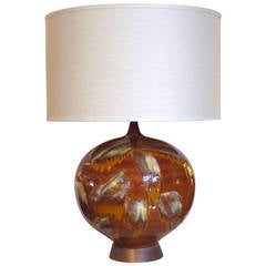 Large Danish Burnt Orange and Brown Drip-Glaze Ceramic Orb-Form Lamp