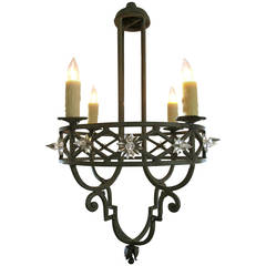 Antique Well-Crafted Spanish Dark Green Painted Hand-Wrought iron Four-Light Chandelier