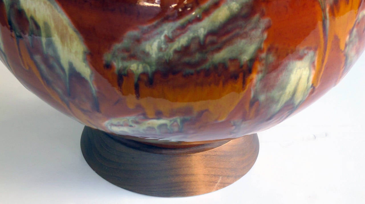 Large Danish Burnt Orange and Brown Drip-Glaze Ceramic Orb-Form Lamp In Excellent Condition In San Francisco, CA