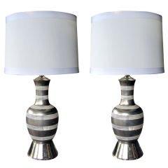 Stylish Pr of American Baluster-Form Silver Painted Glass Lamps