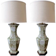 Vintage Elegant Pair of American  Hexagonal Celadon Lamps by Cooper