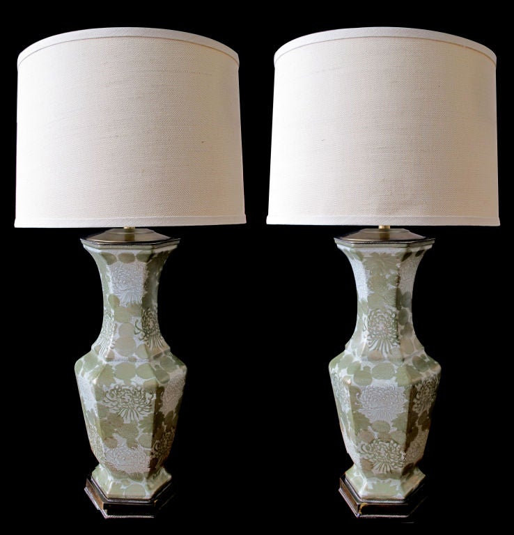 Elegant Pair of American  Hexagonal Celadon Lamps by Cooper 2