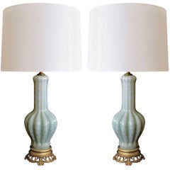 An Elegant Pair of Italian Baluster-Form Celadon Art Glass Lamps