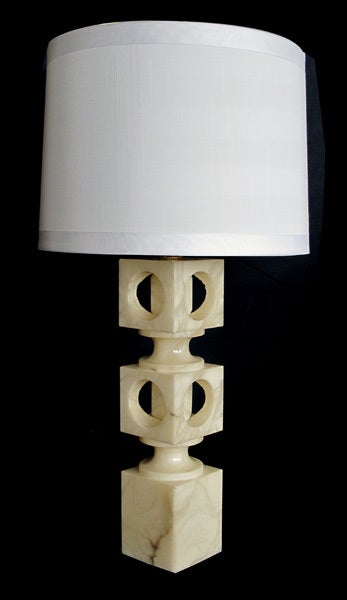 A Unique Pair of Italian Geometric Form Carved Alabaster Lamps