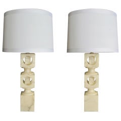 A Unique Pair of Italian Geometric Form Carved Alabaster Lamps