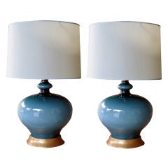 Robust Pr of Italian 1960's Teal Cased-Glass Baluster Form Lamps