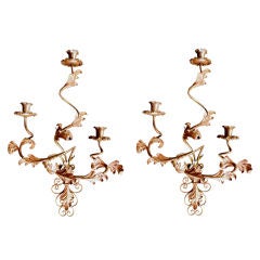 Curvaceous Pair of Italian 1960's Rococo Style Gilt-Tole Sconces