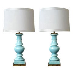 A Shapely Pair of American Aqua Glazed Ceramic Baluster Lamps