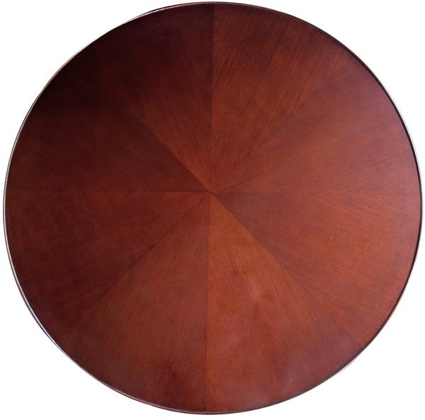 A large-scaled French art deco mahogany veneered circular side/cocktail/center table; the circular top of pie-shaped ribbon-mahogany veneer raised on a tripartite base centering an ebonized sphere all over splayed feet