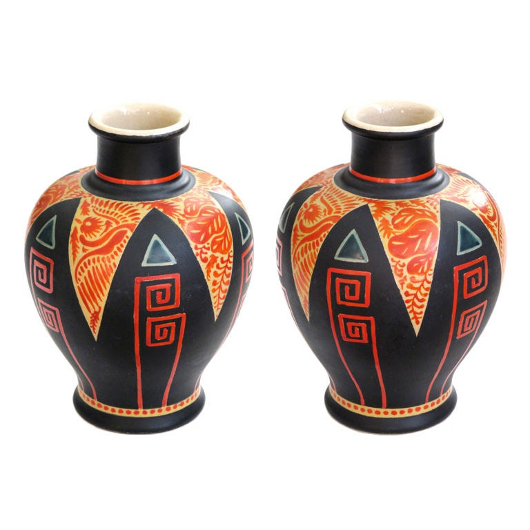 A Pair of Japanese Art Deco Satsuma Porcelain Vases; by Kinkozan