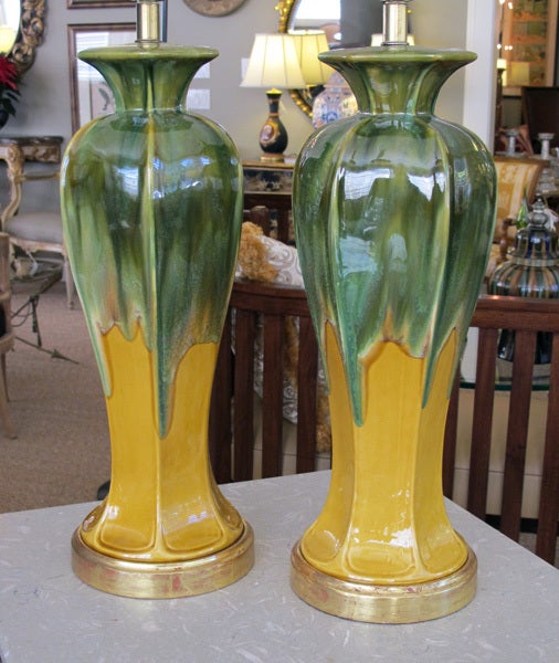 Large Pair of Danish Olive-Green&Ochre Drip Glaze Ceramic Lamps
