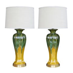 Large Pair of Danish Olive-Green&Ochre Drip Glaze Ceramic Lamps