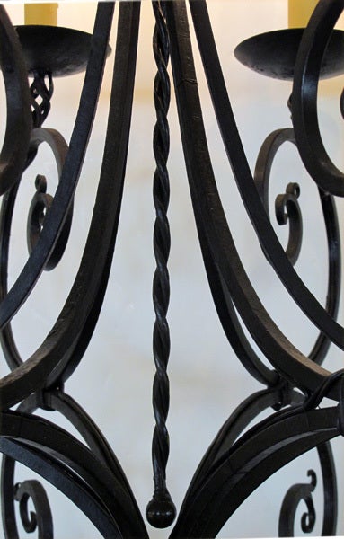 Mid-20th Century A Gracefully Shaped French Hand-Wrought Iron 6-Light Chandelier