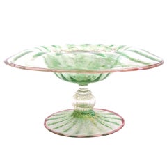 Elegant Italian Pale Green Aventurine Art Glass Compote;Salviati
